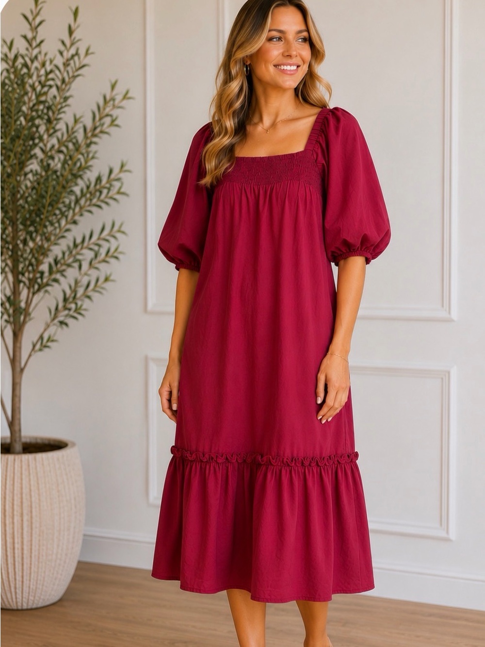 Mud Pie Dress Tiered Midi Puff Short Sleeves Size Large Burgundy